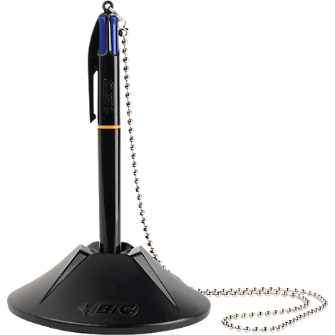 Black pen with blue, red, green and black refills, in a holder with a chain.