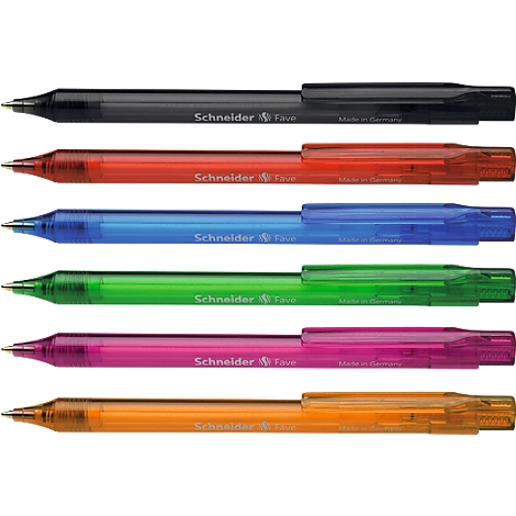 Six Schneider Fave ballpoint pens in various colors lie side by side: black, red, blue, green, pink and orange.