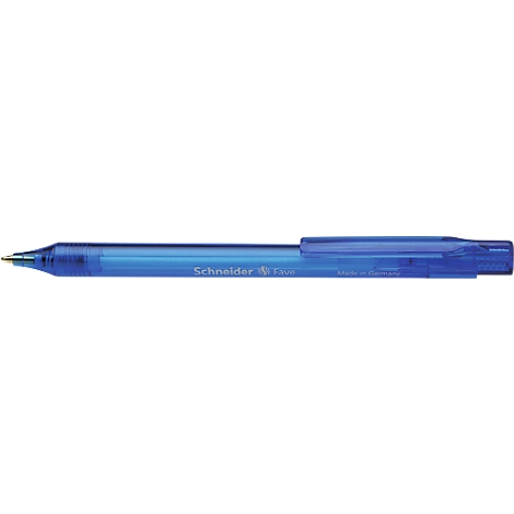 A blue ballpoint pen with the inscription Schneider. The pen is partially transparent.