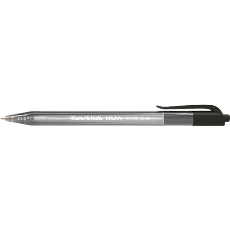 A gray pen with a black clip and lettering.