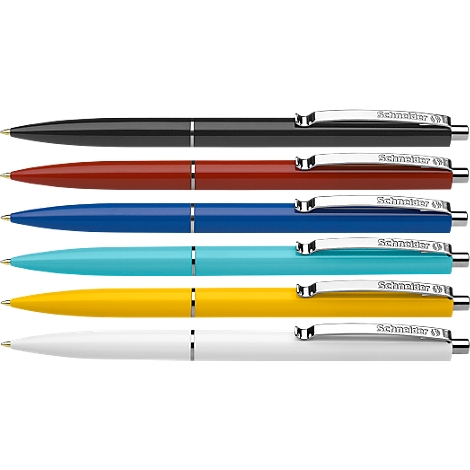 Zes gekleurde balpennen van Schneider. Zwart, rood, blauw, turquoise, geel en wit, met zilveren details.