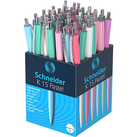 Een doos vol pastelkleurige balpennen. De doos draagt het opschrift 'Schneider K 15 Pastel'.