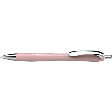 Close-up van een roze balpen met zilveren accenten. De pen heeft een ergonomische vorm en het opschrift "Schneider".
