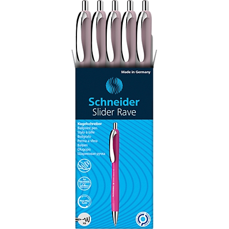 Verpakking van vijf roze Schneider balpennen. De tekst luidt: Schneider Slider Rave.