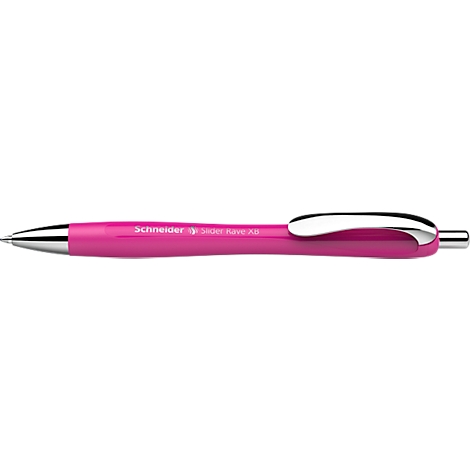 Een roze balpen met zilveren accenten, merknaam Schneider.