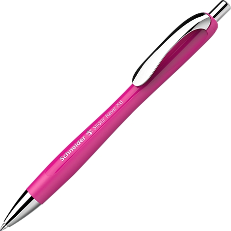 Een roze balpen van Schneider, met zilveren details. De pen zegt "Schneider Slider Rave XB."