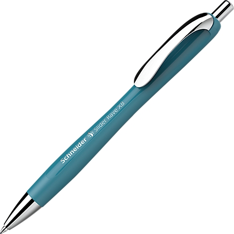 Blauwe balpen met zilveren accenten, schuin op een witte achtergrond. Opschrift: "Schneider Slider Rave XB".