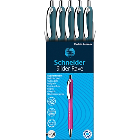 Een pennen set, met vijf blauwe balpennen en een roze pen in het midden. Op de verpakking staat "Schneider Slider Rave."