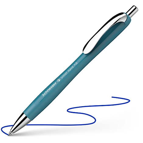 Een turquoise Schneider pen die een blauwe lijn trekt.