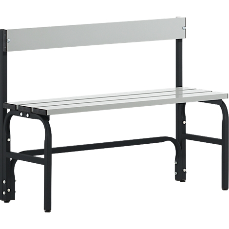 Banc gris avec dossier et pieds en métal noir.