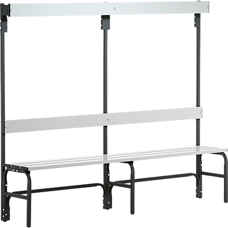 Banc de vestiaire gris et blanc avec barre à vêtements, sur fond blanc.