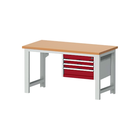 Banco de trabajo con encimera de madera, estructura metálica y cajones rojos sobre fondo blanco.