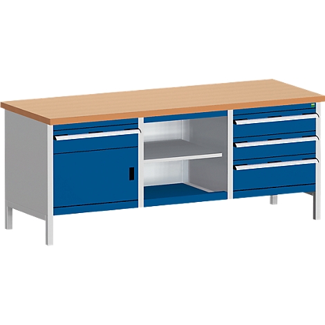 Banco de trabajo con tapa de madera, cajones y armario azules. Sobre patas blancas.