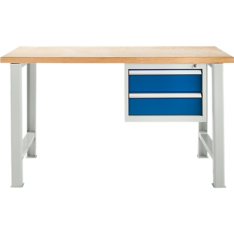Banco de trabajo con tapa de madera, patas grises y dos cajones azules.
