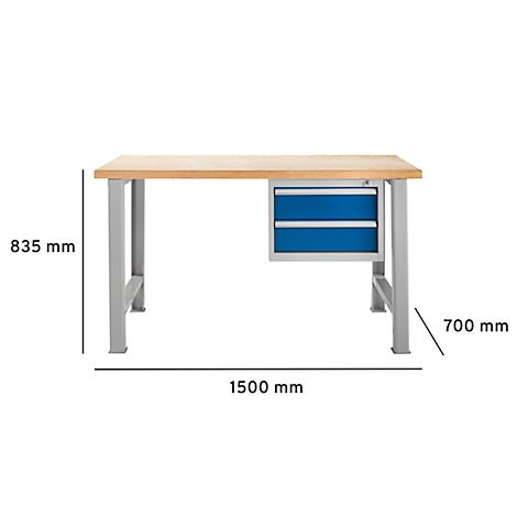 Banco de trabajo con tapa de madera, patas grises y cajones azules. Dimensiones: 1500 x 700 x 835 mm.