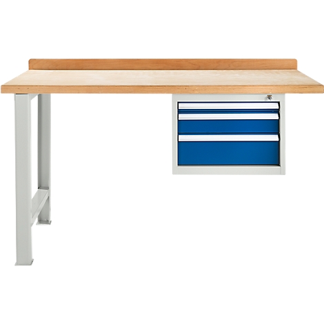 Banco de trabajo con tablero de madera y armario de cajones azul.