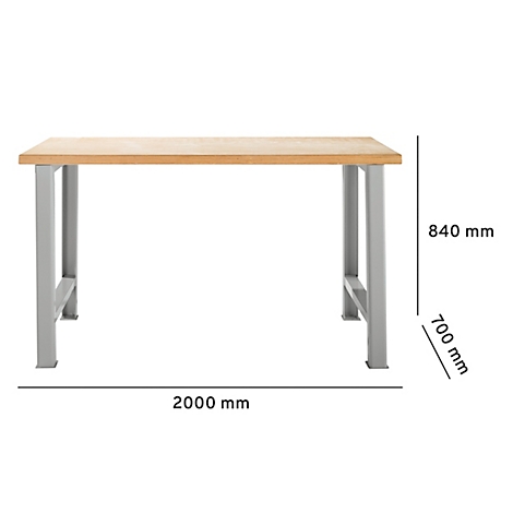 Mesa rectangular marrón claro con patas de metal gris plateado. Dimensiones: 2000 x 700 x 840 mm.