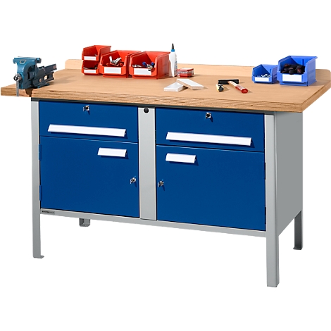 Banco de trabajo tipo caja Schäfer Shop Select PWi 150-0, tablero multiplex de haya, hasta 750 kg, An 1500 x Pr 700 x Al 840 mm, azul genciana