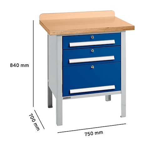 Mesa de taller azul con tres cajones, tapa de madera clara y patas grises, dimensiones.