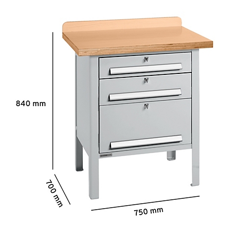 Banco de trabajo con tapa de madera, cajones grises y patas de metal, dimensiones 840 x 700 x 750 mm.