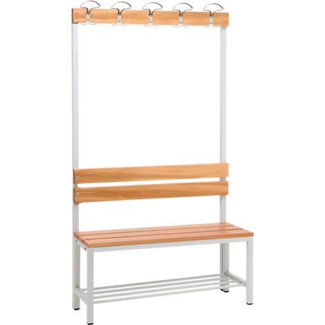 Banqueta de perchero con asientos de madera clara y ganchos para abrigos.