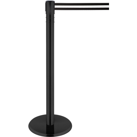 Black stanchion with retractable webbing. The post has a round base, a narrow body, and a belt with a white line.
