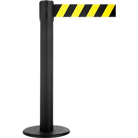 Black stanchion with yellow and black striped retractable belt.