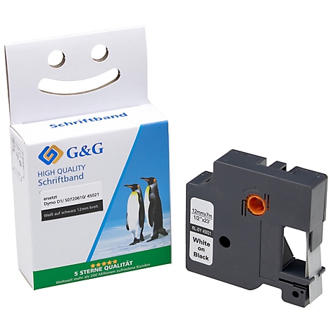 Ruban d'étiquettes et emballage. Impressions : G&G, ruban d'étiquettes, Blanc sur Noir. Sur l'emballage : pingouins.