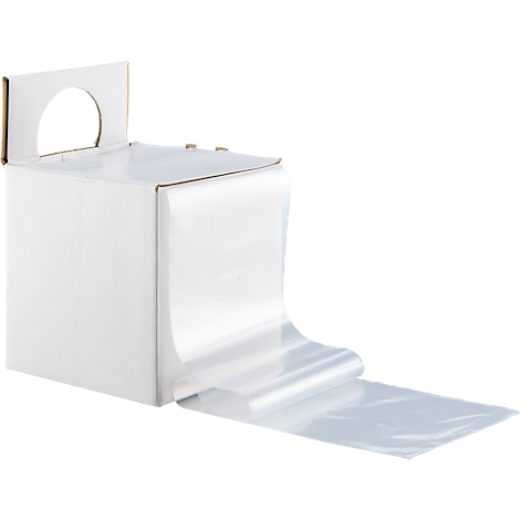 Boîte en carton blanche avec une ouverture ronde, tirant un film plastique transparent.