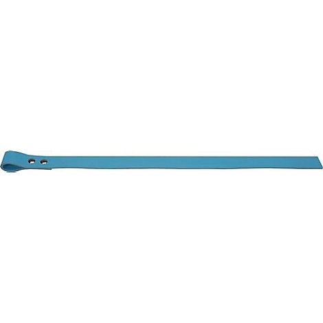 Outil bleu et allongé avec deux petits trous, probablement à usage spécial.