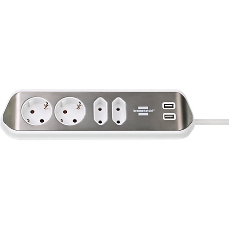 Module multiprise blanche avec prises, ports USB et câble.