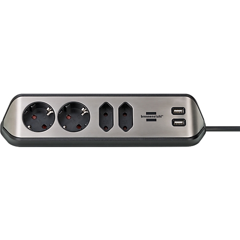 Multiprise avec 2 prises, 2 ports USB et 2 prises euro en argent et noir.