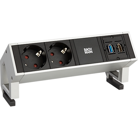 Multiprise Bachmann argentée avec deux prises, connexions USB et HDMI.