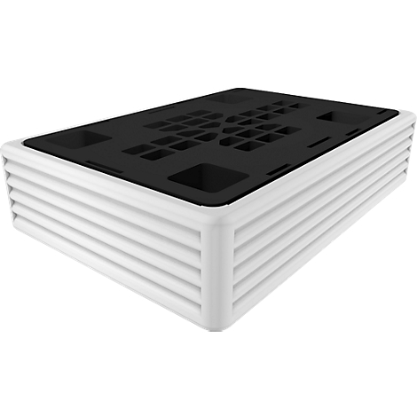 Producto blanco con parte superior negra, lados acanalados, forma angular.