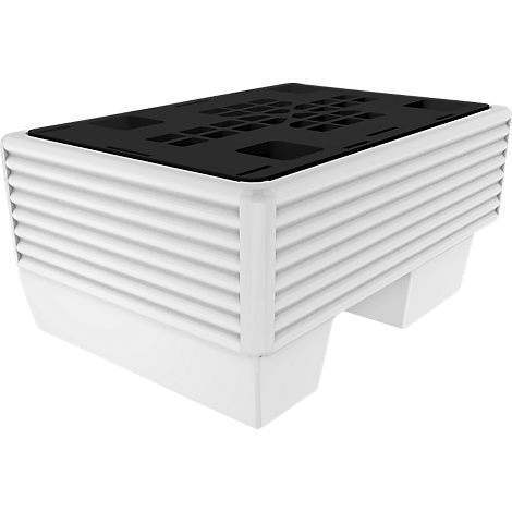 Dispositivo rectangular blanco con estructura lateral acanalada y parte superior rectangular negra con recortes.