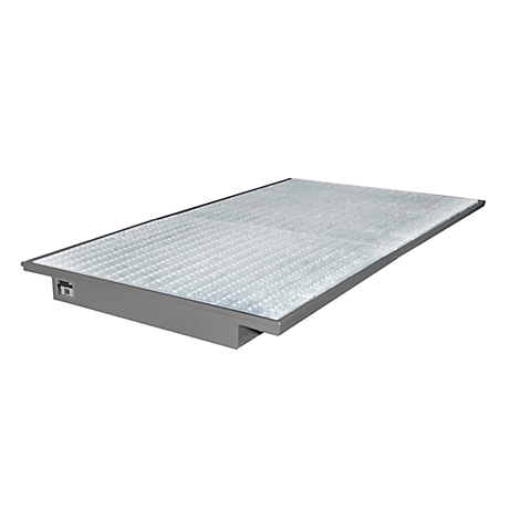 Rejilla metálica gris, rectangular, vista ligeramente de lado. Tiene un marco gris y está sobre un fondo blanco.
