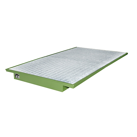 Plataforma rectangular verde con superficie plateada texturizada. La plataforma tiene un borde bajo y un hueco rectangular.