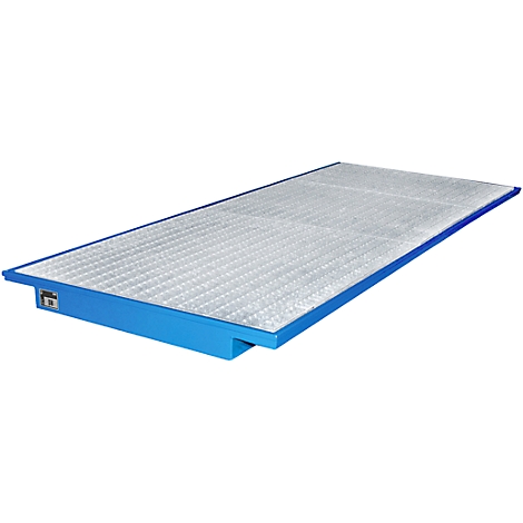 Plataforma azul con rejilla metálica. La superficie está estructurada con patrones cuadrados.