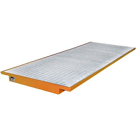 Una plataforma rectangular naranja con un patrón de rejilla plateada.