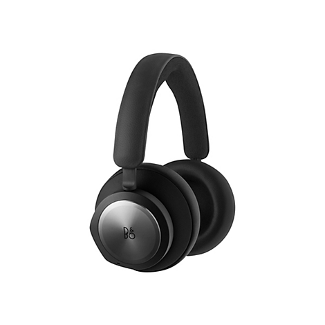 Schwarze Bang & Olufsen Over-Ear-Kopfhörer mit abgerundeten Ohrmuscheln und Logo auf silberner Metallplatte.