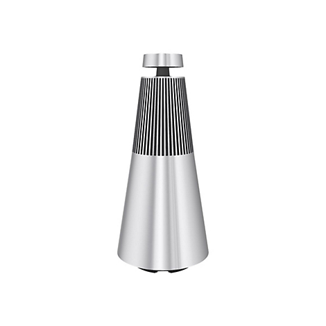Silberner, kegelförmiger Bang & Olufsen Beosound 2 Lautsprecher vor weißem Hintergrund.