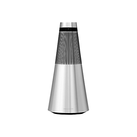 Kegelförmiger, silberner Lautsprecher mit Lamellenstruktur oben und Bang & Olufsen Logo am Fuß.