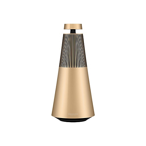 Goldener Bang & Olufsen Lautsprecher in konischer Form vor weißem Hintergrund.