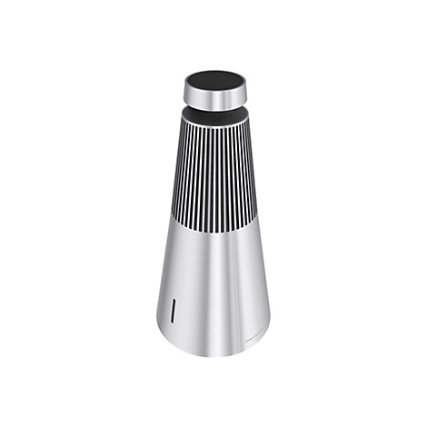 Silberner Bang & Olufsen Lautsprecher mit kegelförmigem Design auf weißem Hintergrund.