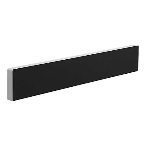 Schlanke, rechteckige Soundbar mit schwarzer Front und silbernem Rahmen vor weißem Hintergrund.