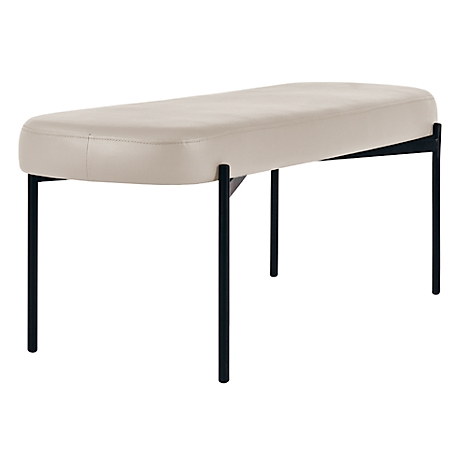 Beige gestoffeerde bank met zwarte metalen poten. De bank heeft een ovale vorm en is afgebeeld op een witte achtergrond.