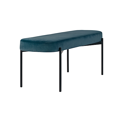 Blauwe ovale bank met zwart metalen frame. Fluwelen bekleding.