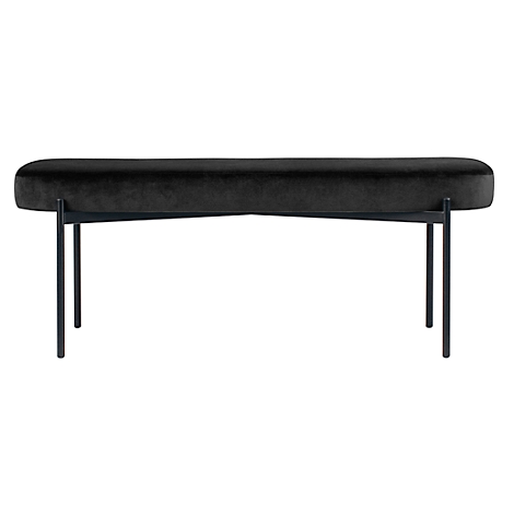 Zwarte fluwelen bank met metalen frame. Afgeronde vorm.