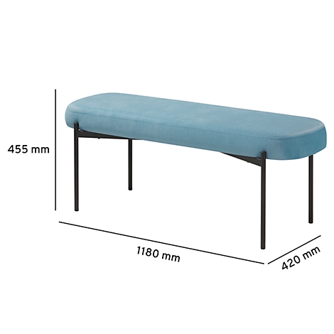 Lichtblauwe bank met zwarte poten. Afmetingen: 1180 x 420 x 455 mm.