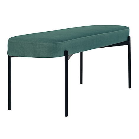 Een groene bank met zwart metalen frame. Hij heeft een ovale zitting en rechte poten.